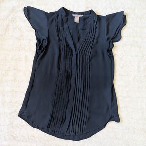 H&M Blue Pleated Cap Sleeve Blouse with Mandarin Collar